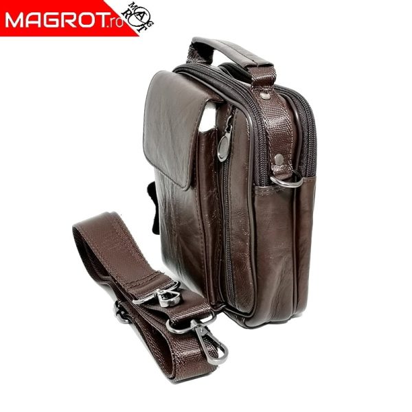 Borseta din piele naturala maro, cu suport telefon, pentru mana, umar sau curea, Magrot 5006