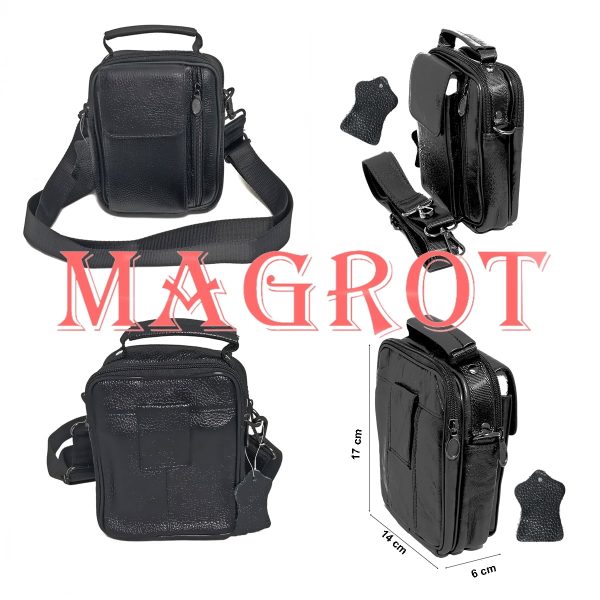 Borseta din piele naturala Negru, cu suport telefon, pentru mana, umar sau curea, Magrot 5006
