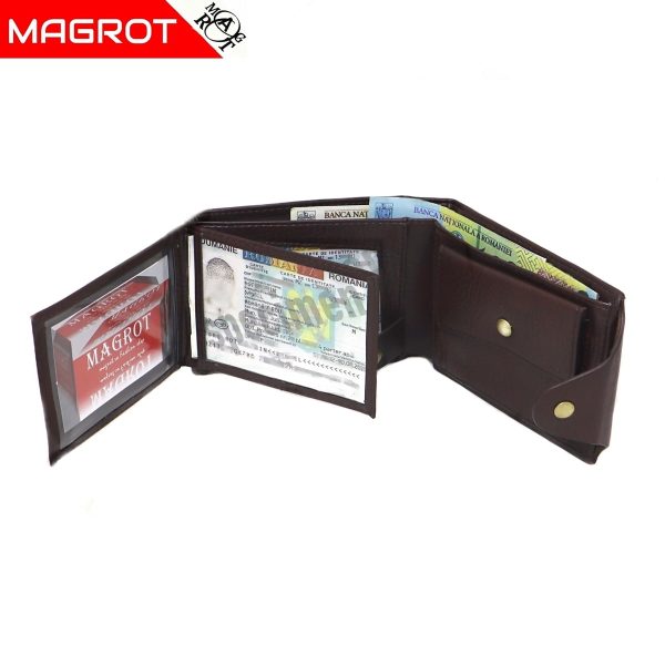 Portofel barbatesc, din piele, maro, inchidere cu capsa Magrot Shidai 853