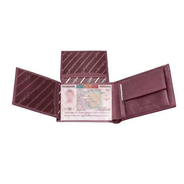 Portofel din piele naturala, visiniu, slim fara capsa gold life, Magrot 20197